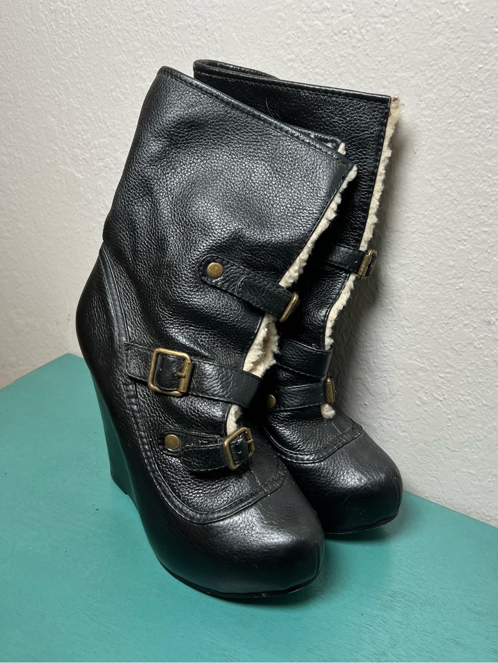 Women's Black Wedge Ankle Boots with Shearling Trim